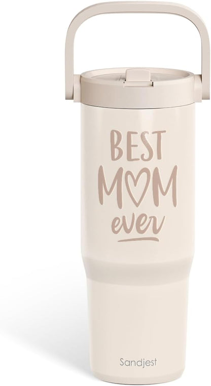 SANDJEST Leopard Skin Stainless Steel Straw Lid Tumbler 30oz with Carry Handle for Women Girls, Insulated Travel Coffee Cup, Gift for Sports Outdoor Workout Christmas Birthday (Beige)