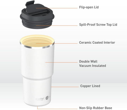 asobu 22oz Extra Large Ceramic-Lined Travel Mug with No Metal Taste-Keeps Flavors True - Double-Wall Vacuum Insulated Coffee Mug with Spill-Proof Pop-Open Lid for Hot Drinks