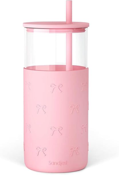 SANDJEST Glass Tumbler with Straw and Lid, Glass Water Bottle with Silicone Sleeve 20oz, Smoothie, Iced Coffee Cup, Gifts for Women Teen Girls Birthday Christmas (Cream)