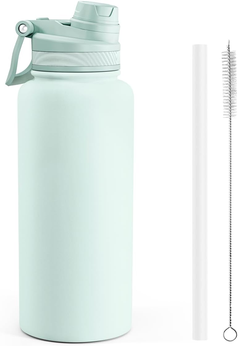 SANDJEST Pickleball Stainless Steel Water Bottle with Strap 32oz, Insulated Bottles with Straw and Spout Lid for Gym Sports Travel Outdoor, Gifts for Women Girls Birthday Christmas