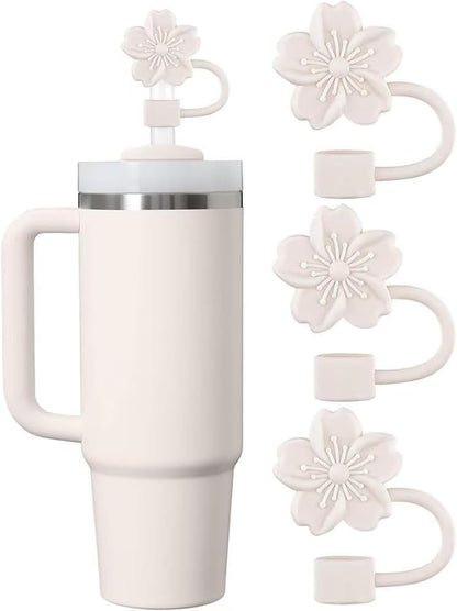 Cherry Blossom Silicone Straw Toppers for Stanley Cup, Beige Floral Tumbler Lid Accessories, 3 Pack Dust Cover Set, 10mm Compatible