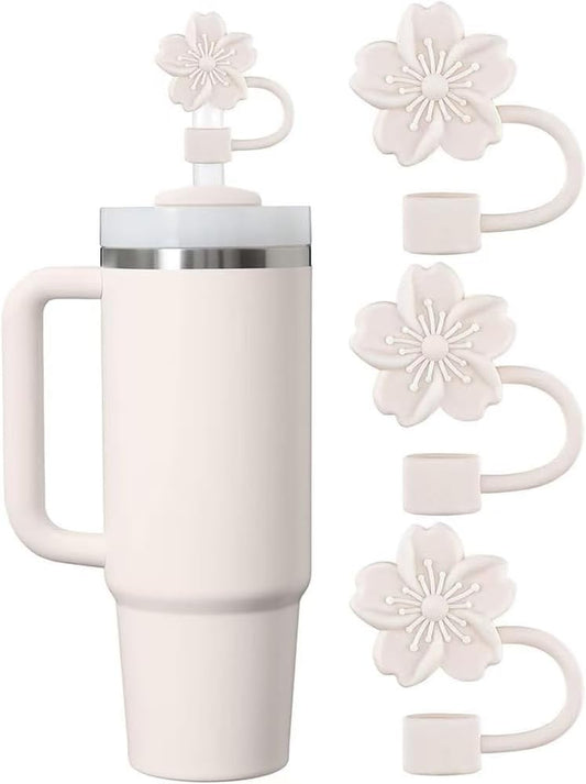 Cherry Blossom Silicone Straw Toppers for Stanley Cup, Beige Floral Tumbler Lid Accessories, 3 Pack Dust Cover Set, 10mm Compatible