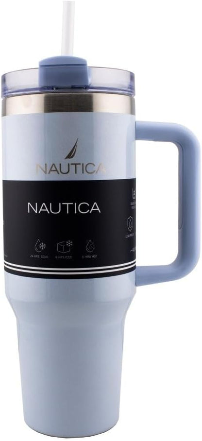 Nautica 40oz Insulated Tumbler with Handle and Straw, Stainless Steel Double Wall Vacuum Travel Mug, Leak-Resistant 3-Way Lid, Keeps Cold for 24 Hours, Fits Car Cup Holders (NAVY)