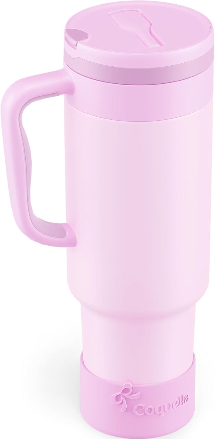 40 oz Insulated Tumbler with Handle and Push-Button Straw Lid, Stainless Steel Travel Cup for Gym Office, Leakproof, BPA-Free, Cup Holder Friendly, Bow Silicone Boot, Purple (Light Lilac)