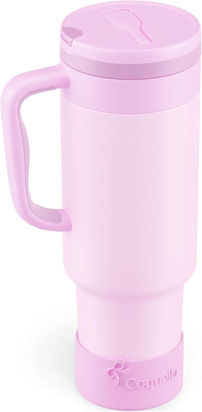 40 oz Insulated Tumbler with Handle and Push-Button Straw Lid, Stainless Steel Travel Cup for Gym Office, Leakproof, BPA-Free, Cup Holder Friendly, Bow Silicone Boot, Purple (Light Lilac)