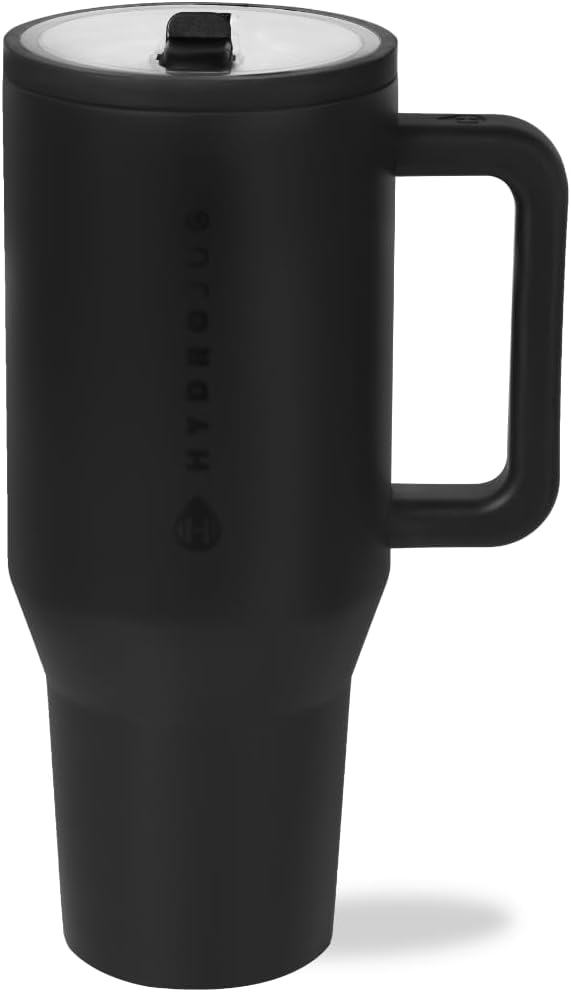 HydroJug Traveler - 40 oz Water Bottle with Handle & Flip Straw - Fits in Cup Holder, Leak Resistant Tumbler-Reusable Insulated Stainless Steel & Rubber Base - Gifts for Women & Men, Light Blue