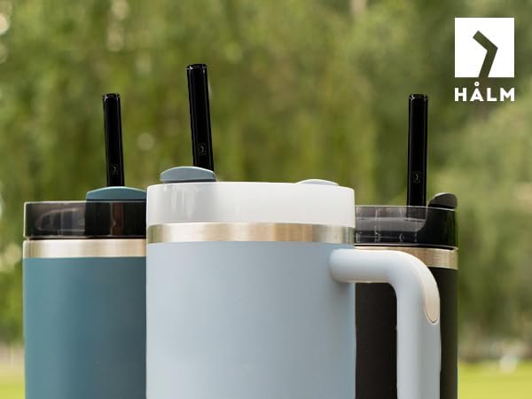 Halm Glass Straws - 6 Long 12 inch Bent Stanley Cup Replacement Drinking Straws + Plastic-Free Cleaning Brush - Perfect for Bottles & Quencher - Made in Germany - Dishwasher Safe - Eco-Friendly