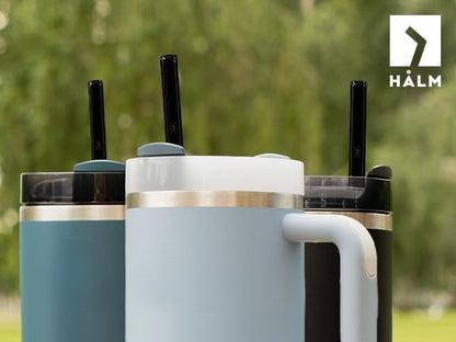 Halm Glass Straws - 6 Long 12 inch Bent Stanley Cup Replacement Drinking Straws + Plastic-Free Cleaning Brush - Perfect for Bottles & Quencher - Made in Germany - Dishwasher Safe - Eco-Friendly