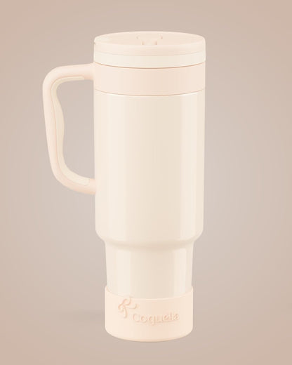 40 oz Insulated Tumbler with Handle and Push-Button Straw Lid, Stainless Steel Travel Cup for Gym Office, Leakproof, BPA-Free, Cup Holder Friendly, Bow Silicone Boot, Purple (Light Lilac)