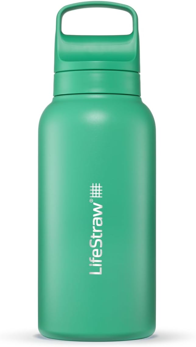 LifeStraw Go Series — Insulated Stainless Steel Water Filter Bottle for Travel and Everyday Use Removes Bacteria, Parasites and Microplastics, Improves Taste, 1L Aegan Sea