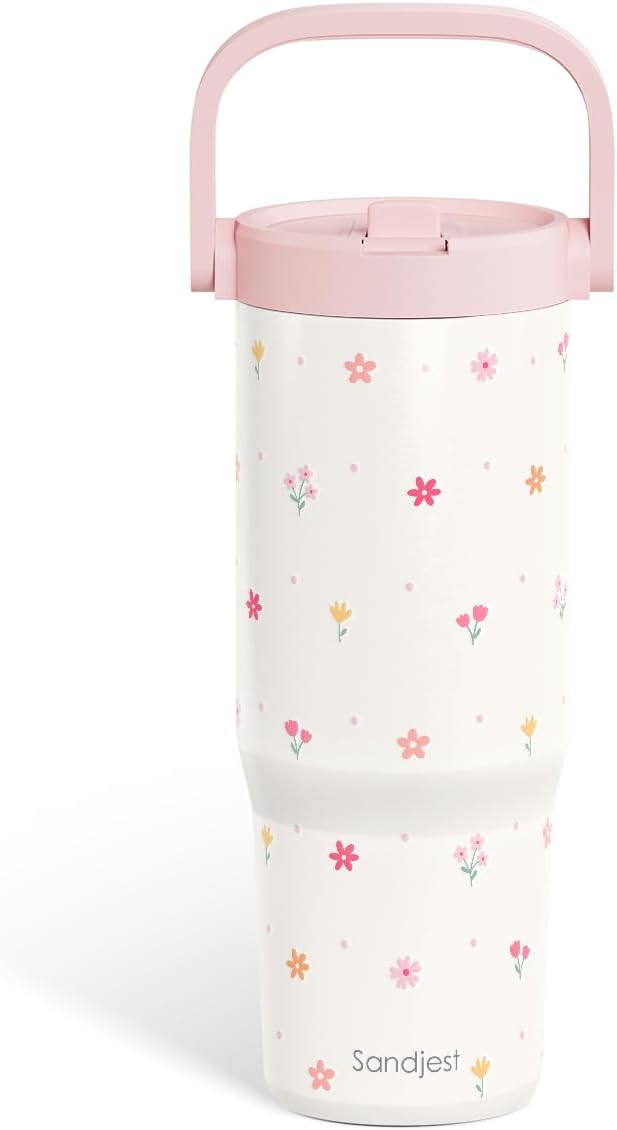 SANDJEST Leopard Skin Stainless Steel Straw Lid Tumbler 30oz with Carry Handle for Women Girls, Insulated Travel Coffee Cup, Gift for Sports Outdoor Workout Christmas Birthday (Beige)