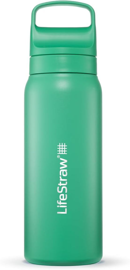 LifeStraw Go Series — Insulated Stainless Steel Water Filter Bottle for Travel and Everyday Use Removes Bacteria, Parasites and Microplastics, Improves Taste, 1L Aegan Sea