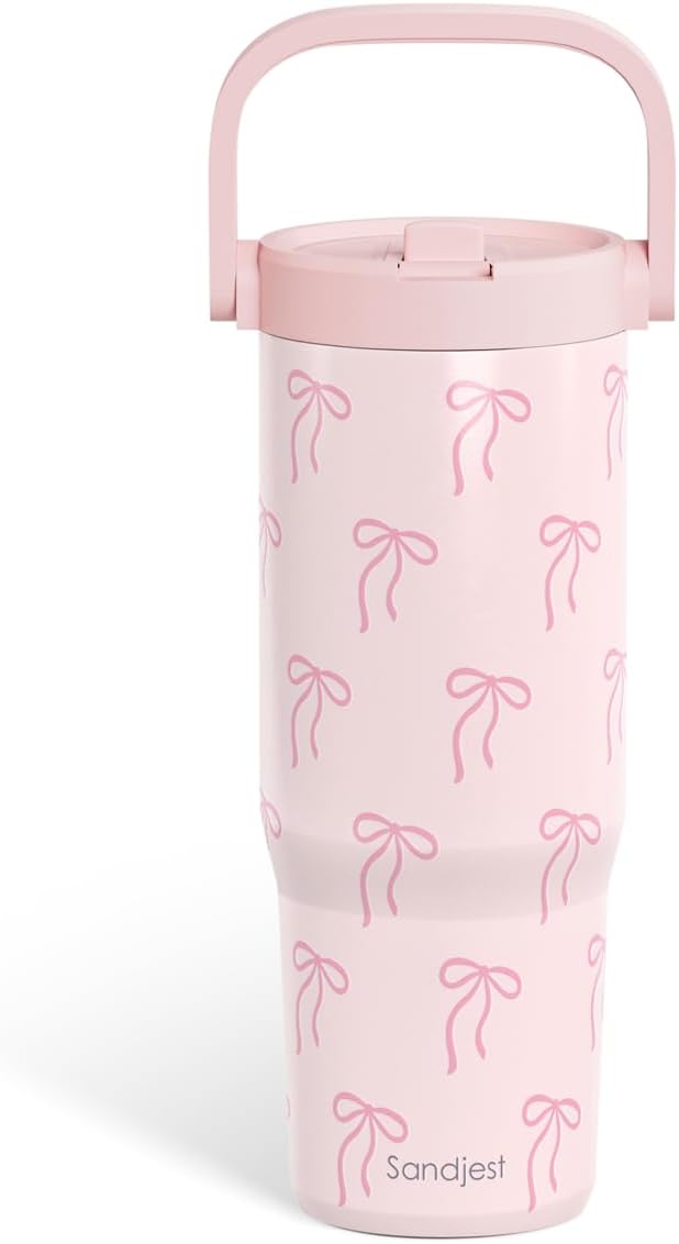 SANDJEST Leopard Skin Stainless Steel Straw Lid Tumbler 30oz with Carry Handle for Women Girls, Insulated Travel Coffee Cup, Gift for Sports Outdoor Workout Christmas Birthday (Beige)