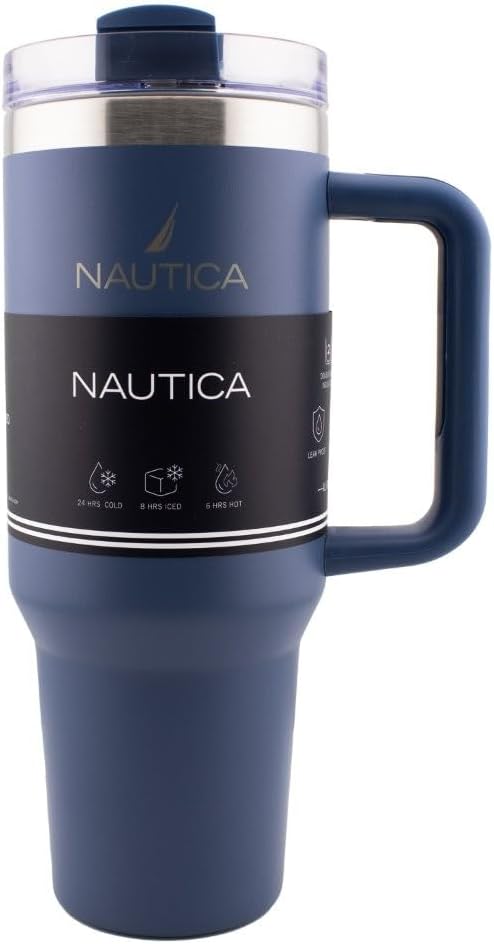 Nautica 40oz Insulated Tumbler with Handle and Straw, Stainless Steel Double Wall Vacuum Travel Mug, Leak-Resistant 3-Way Lid, Keeps Cold for 24 Hours, Fits Car Cup Holders (NAVY)