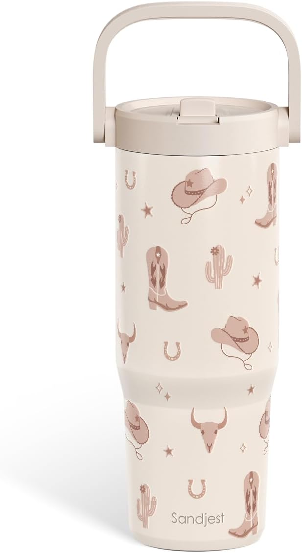 SANDJEST Leopard Skin Stainless Steel Straw Lid Tumbler 30oz with Carry Handle for Women Girls, Insulated Travel Coffee Cup, Gift for Sports Outdoor Workout Christmas Birthday (Beige)