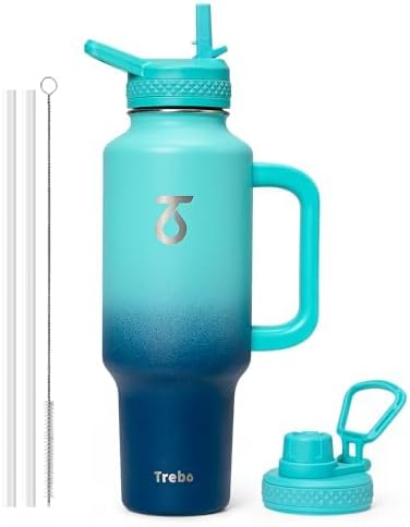 Trebo 40 oz Water Bottle Insulated Fit Car Cup Holder with Handle, Stainless Steel Water Bottles Tumbler with Spout Straw Lids, Double Wall Travel Reusable Flask, Leakproof Mug,Keep Cold &Hot,Black