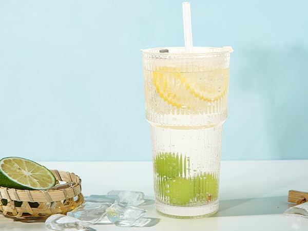 Clear Iced Coffee Cups with Lids - 4 Pack, 20oz Reusable Glass Cups with Lids and Straws, Drinking Tumblers for Cocktail Beer, Juice, Smoothie, Coffee Bar, Housewarming Gifts - Dishwasher Safe