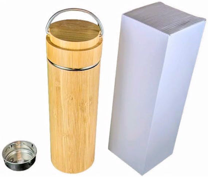 Bamboo Tea Tumbler with Infuser - 17oz Double Wall Vacuum Insulated Stainless Steel Travel Mug | Leakproof Thermal Flask with Strainer for Loose Leaf Tea, Coffee and Fruit Water
