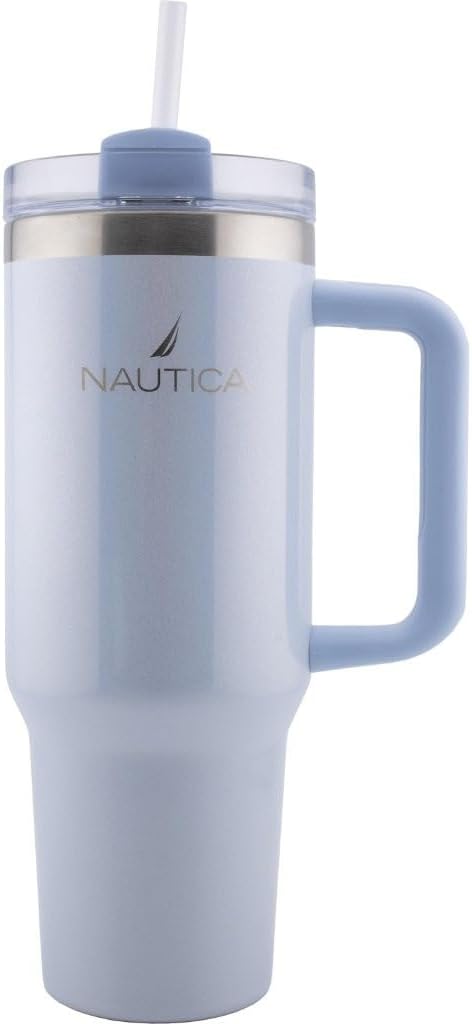 Nautica 40oz Insulated Tumbler with Handle and Straw, Stainless Steel Double Wall Vacuum Travel Mug, Leak-Resistant 3-Way Lid, Keeps Cold for 24 Hours, Fits Car Cup Holders (NAVY)