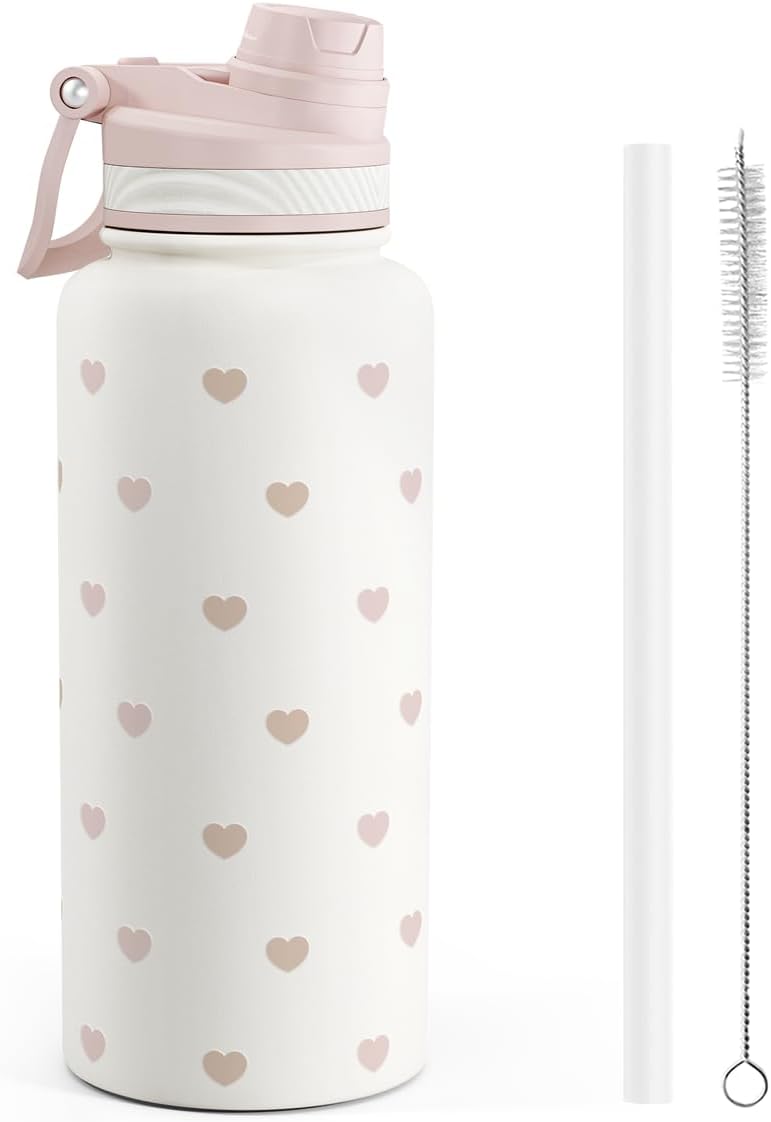 SANDJEST Pickleball Stainless Steel Water Bottle with Strap 32oz, Insulated Bottles with Straw and Spout Lid for Gym Sports Travel Outdoor, Gifts for Women Girls Birthday Christmas