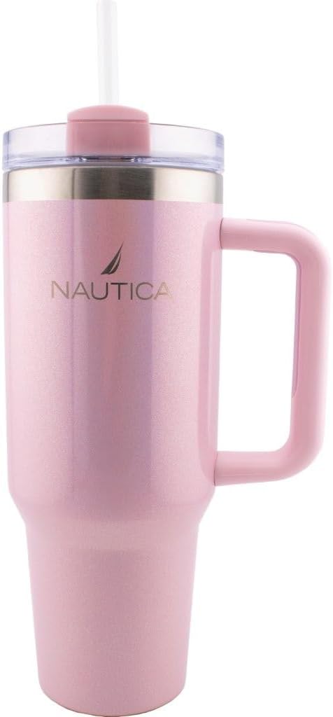 Nautica 40oz Insulated Tumbler with Handle and Straw, Stainless Steel Double Wall Vacuum Travel Mug, Leak-Resistant 3-Way Lid, Keeps Cold for 24 Hours, Fits Car Cup Holders (NAVY)