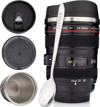 Camera Lens Coffee Mug -13.5oz | (2 LIDS + SPOON + BAG) Gift for Him, Dad Gifts, Photography, Camera accessories, Novelty Gifts
