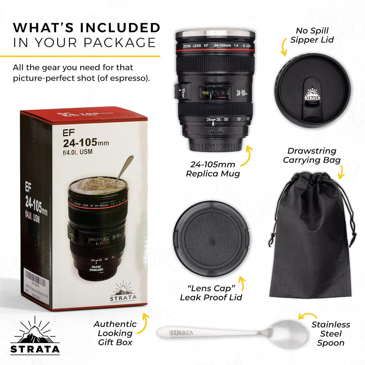 Camera Lens Coffee Mug -13.5oz | (2 LIDS + SPOON + BAG) Gift for Him, Dad Gifts, Photography, Camera accessories, Novelty Gifts