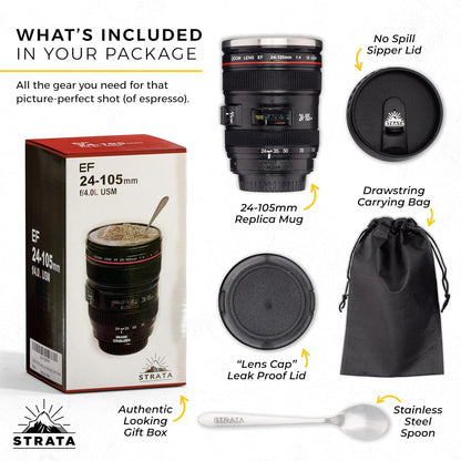 Camera Lens Coffee Mug -13.5oz | (2 LIDS + SPOON + BAG) Gift for Him, Dad Gifts, Photography, Camera accessories, Novelty Gifts