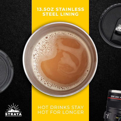 Camera Lens Coffee Mug -13.5oz | (2 LIDS + SPOON + BAG) Gift for Him, Dad Gifts, Photography, Camera accessories, Novelty Gifts