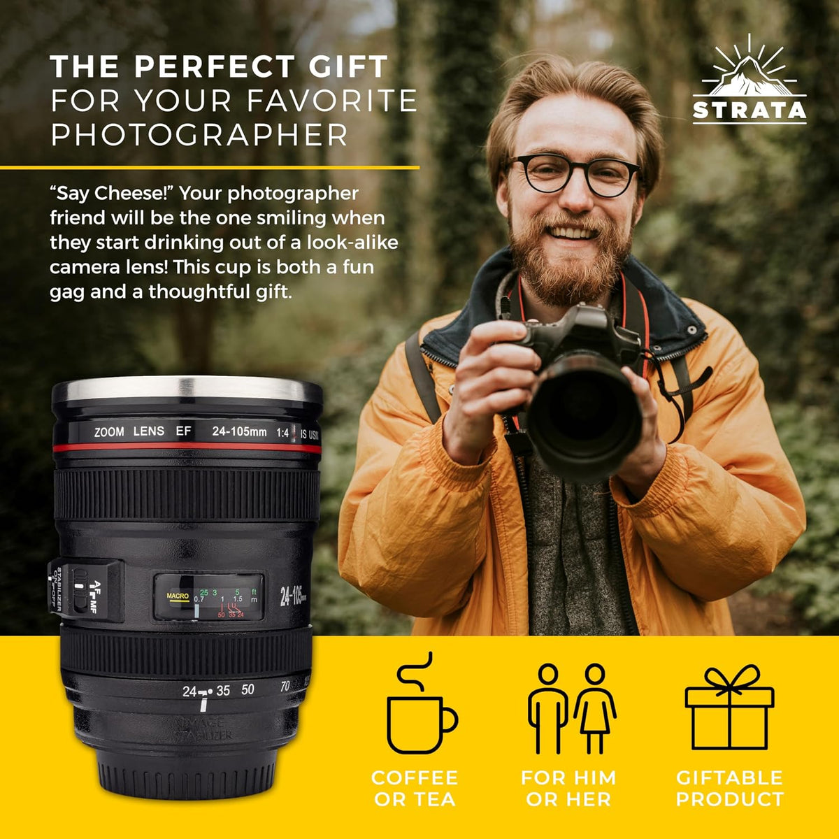 Camera Lens Coffee Mug -13.5oz | (2 LIDS + SPOON + BAG) Gift for Him, Dad Gifts, Photography, Camera accessories, Novelty Gifts