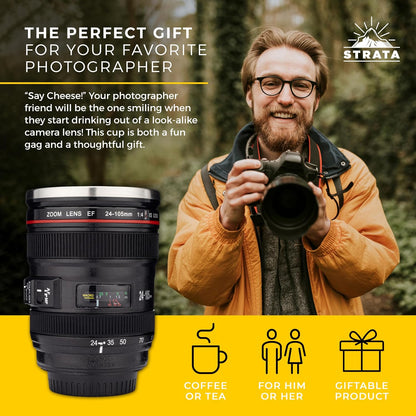 Camera Lens Coffee Mug -13.5oz | (2 LIDS + SPOON + BAG) Gift for Him, Dad Gifts, Photography, Camera accessories, Novelty Gifts