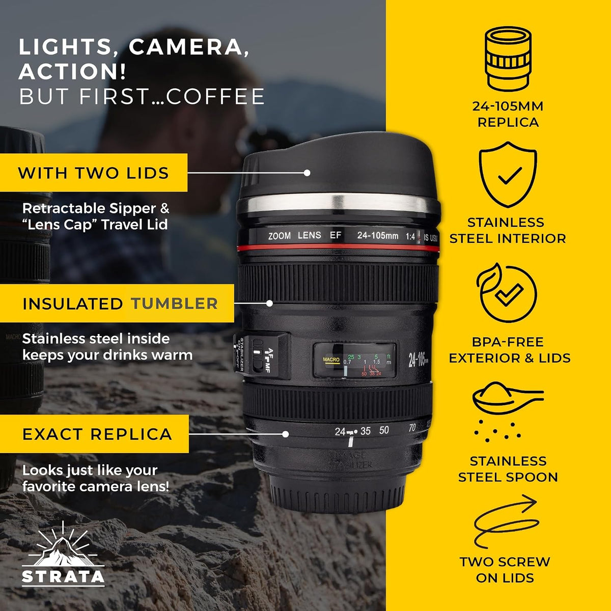 Camera Lens Coffee Mug -13.5oz | (2 LIDS + SPOON + BAG) Gift for Him, Dad Gifts, Photography, Camera accessories, Novelty Gifts