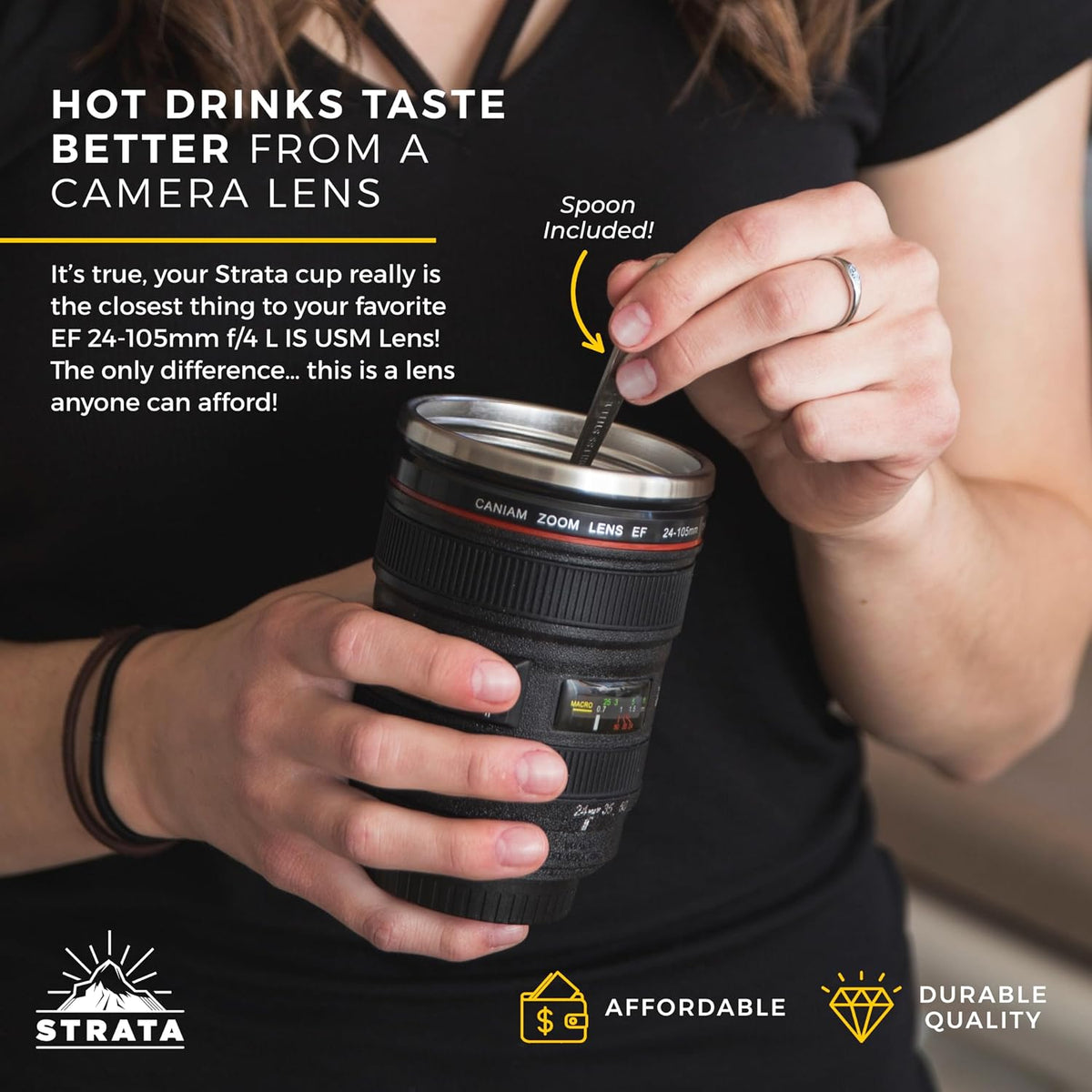 Camera Lens Coffee Mug -13.5oz | (2 LIDS + SPOON + BAG) Gift for Him, Dad Gifts, Photography, Camera accessories, Novelty Gifts