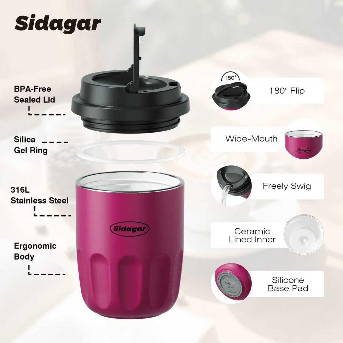 Coffee Mug 10 oz Ceramic Lined Tumbler, Double Wall Stainless Steel Cup with Lid, Mini Water Bottle, Vacuum Insulated Travel Mug for Home Office, Pink