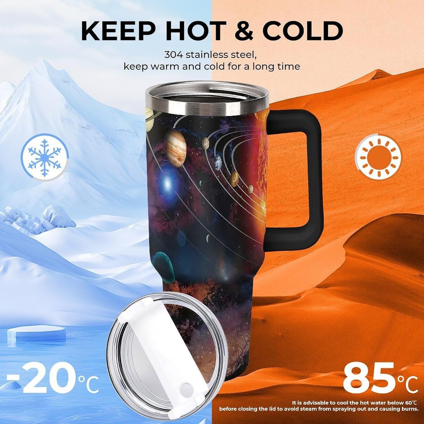 Space Constellation 304 Stainless Steel Double Wall Insulated Tumbler with Leakproof Slide Lid and Straw Large Capacity Travel Mug Black-Space Constellation