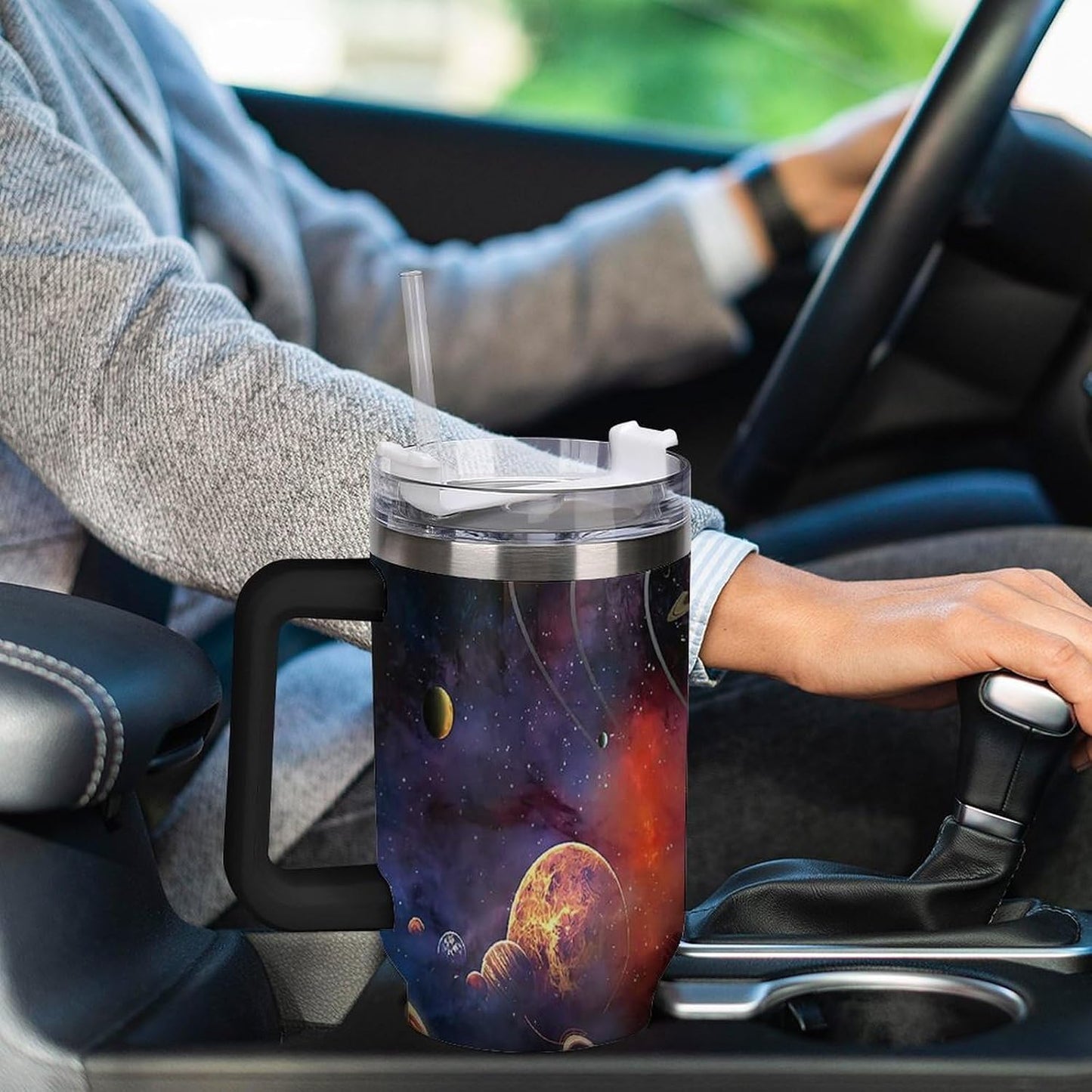 Space Constellation 304 Stainless Steel Double Wall Insulated Tumbler with Leakproof Slide Lid and Straw Large Capacity Travel Mug Black-Space Constellation