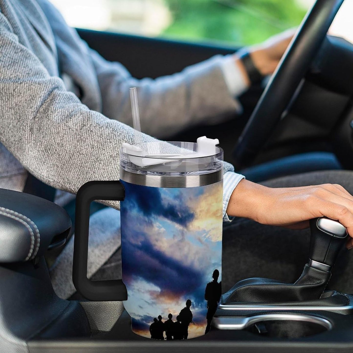 Space Constellation 304 Stainless Steel Double Wall Insulated Tumbler with Leakproof Slide Lid and Straw Large Capacity Travel Mug Black-Space Constellation