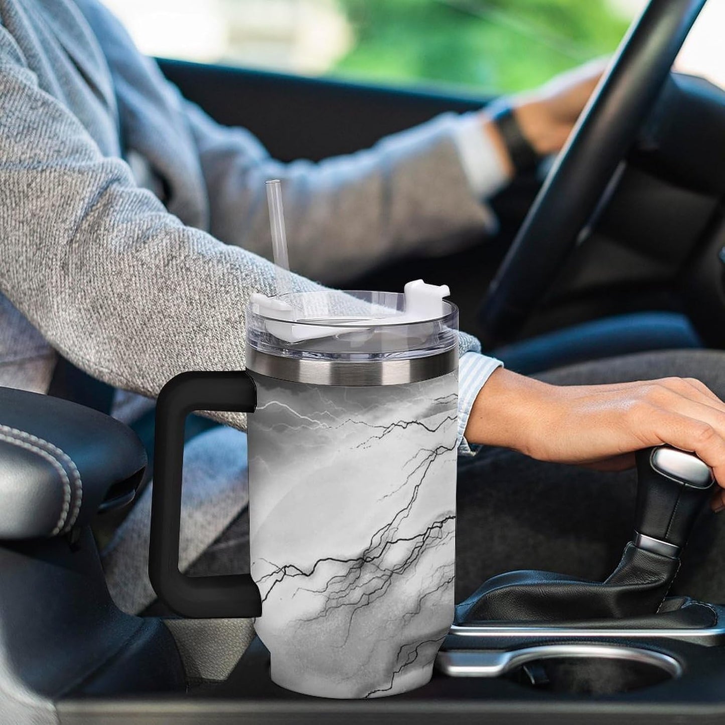 Space Constellation 304 Stainless Steel Double Wall Insulated Tumbler with Leakproof Slide Lid and Straw Large Capacity Travel Mug Black-Space Constellation