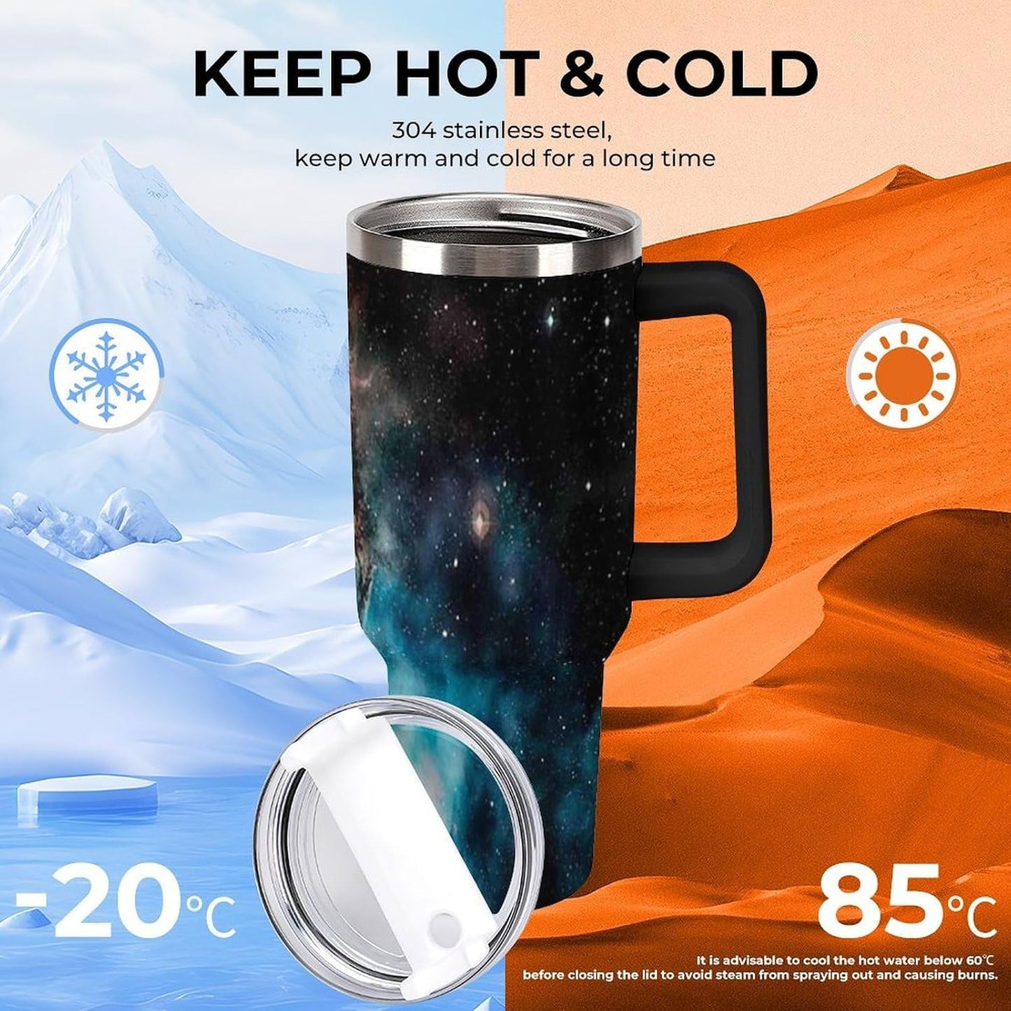 Space Constellation 304 Stainless Steel Double Wall Insulated Tumbler with Leakproof Slide Lid and Straw Large Capacity Travel Mug Black-Space Constellation