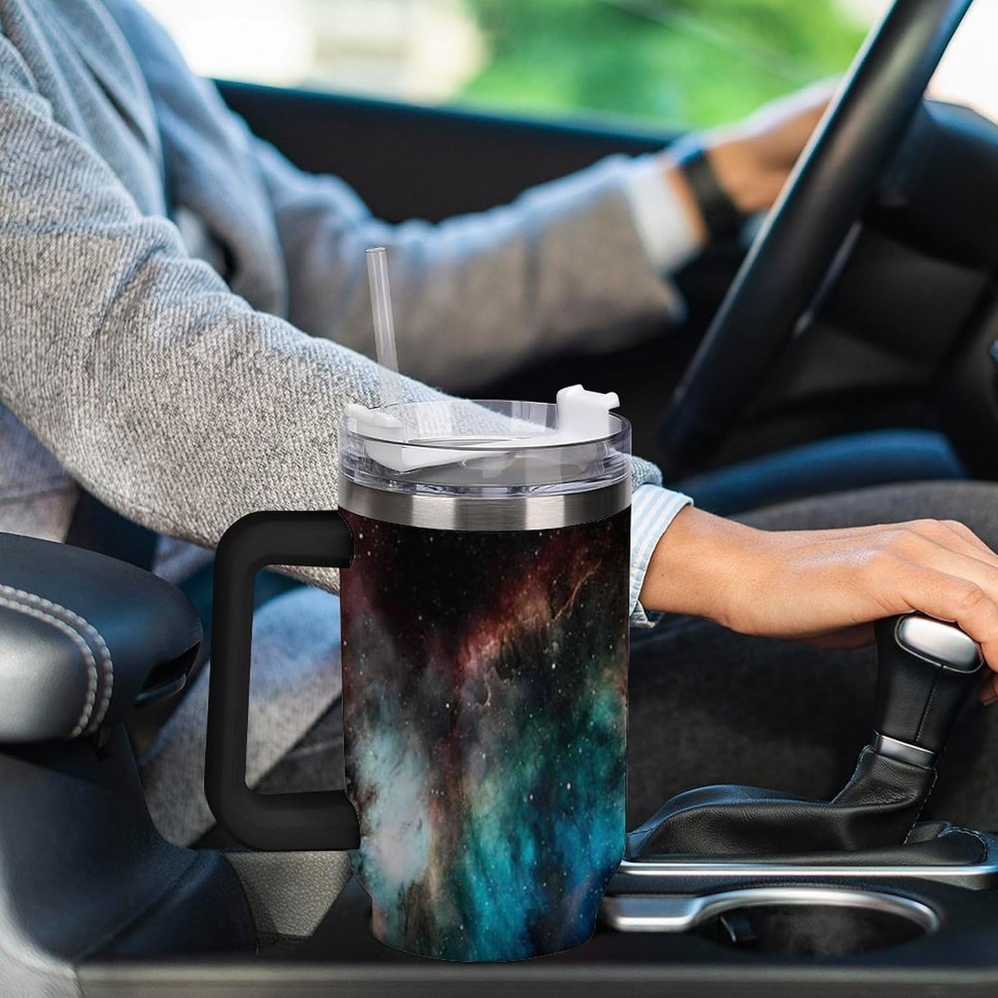 Space Constellation 304 Stainless Steel Double Wall Insulated Tumbler with Leakproof Slide Lid and Straw Large Capacity Travel Mug Black-Space Constellation