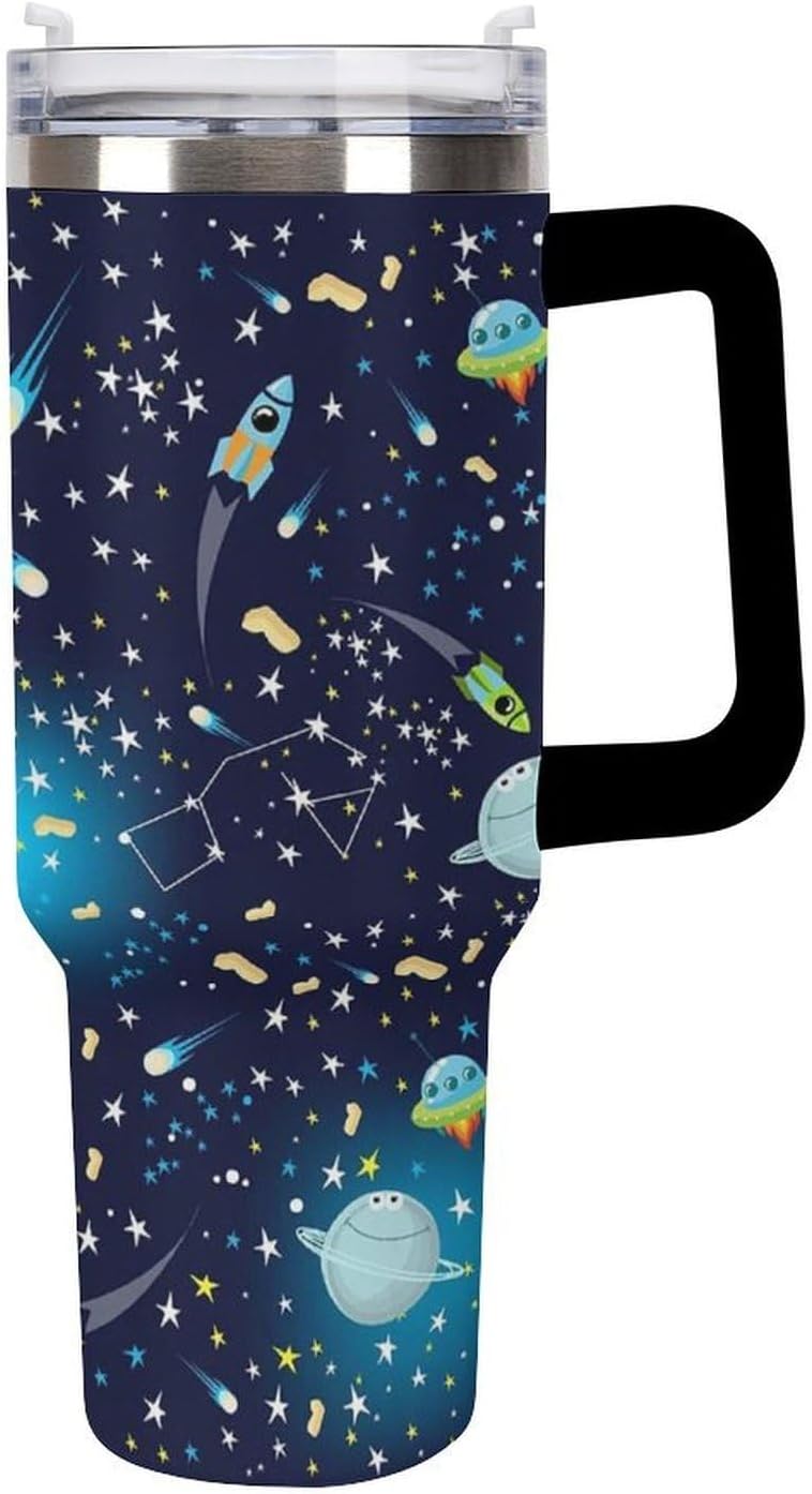 Space Constellation 304 Stainless Steel Double Wall Insulated Tumbler with Leakproof Slide Lid and Straw Large Capacity Travel Mug Black-Space Constellation