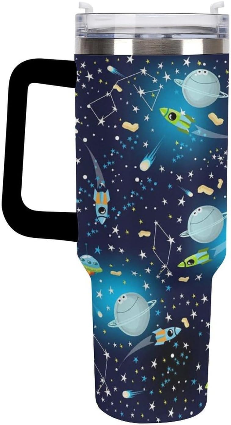Space Constellation 304 Stainless Steel Double Wall Insulated Tumbler with Leakproof Slide Lid and Straw Large Capacity Travel Mug Black-Space Constellation