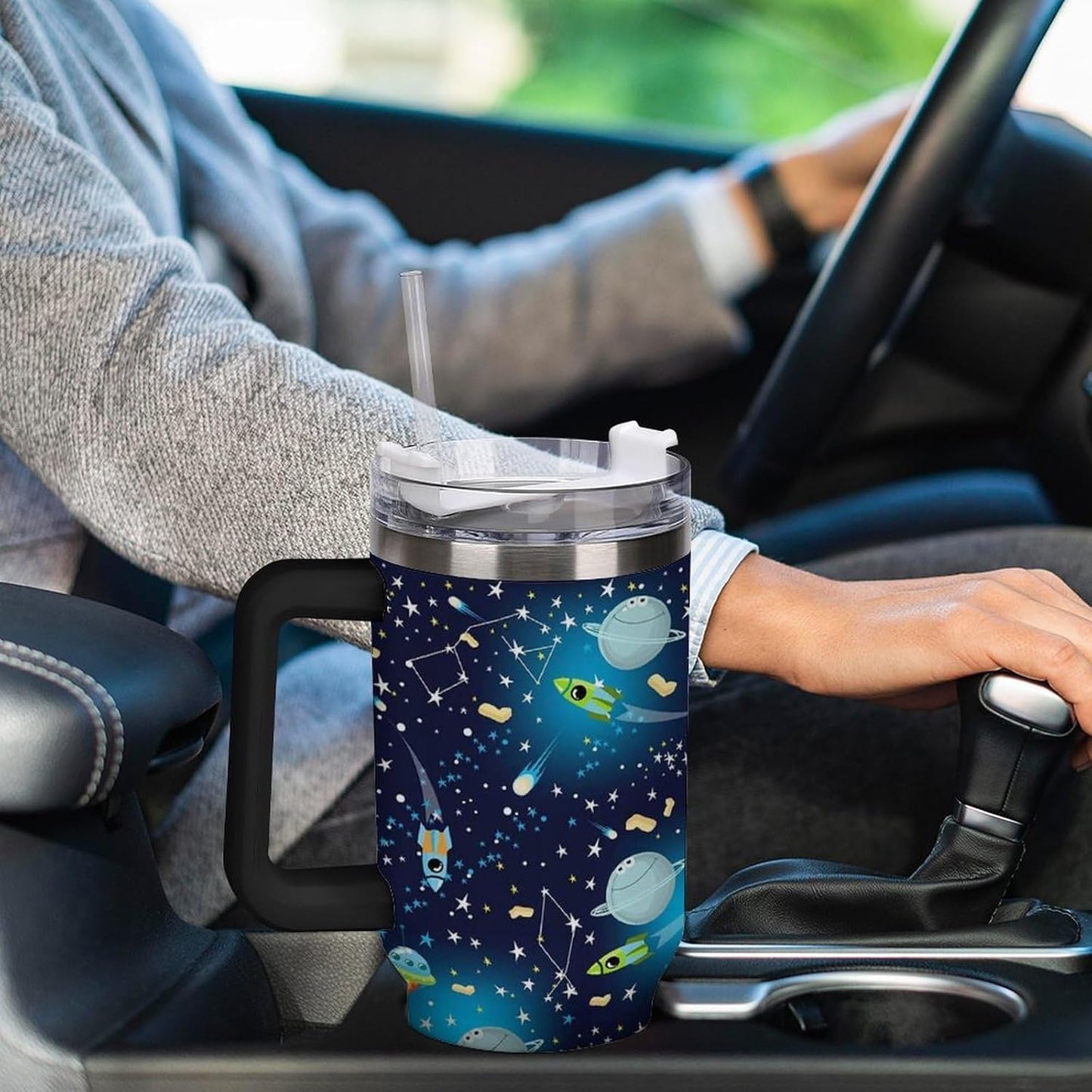 Space Constellation 304 Stainless Steel Double Wall Insulated Tumbler with Leakproof Slide Lid and Straw Large Capacity Travel Mug Black-Space Constellation