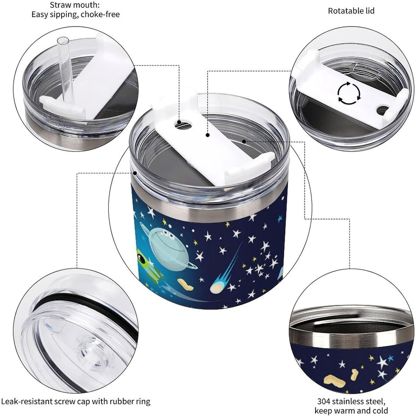 Space Constellation 304 Stainless Steel Double Wall Insulated Tumbler with Leakproof Slide Lid and Straw Large Capacity Travel Mug Black-Space Constellation