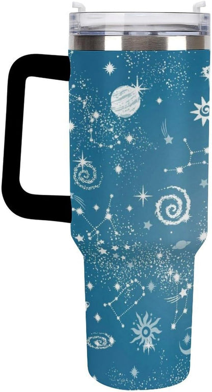 Space Constellation 304 Stainless Steel Double Wall Insulated Tumbler with Leakproof Slide Lid and Straw Large Capacity Travel Mug Black-Space Constellation