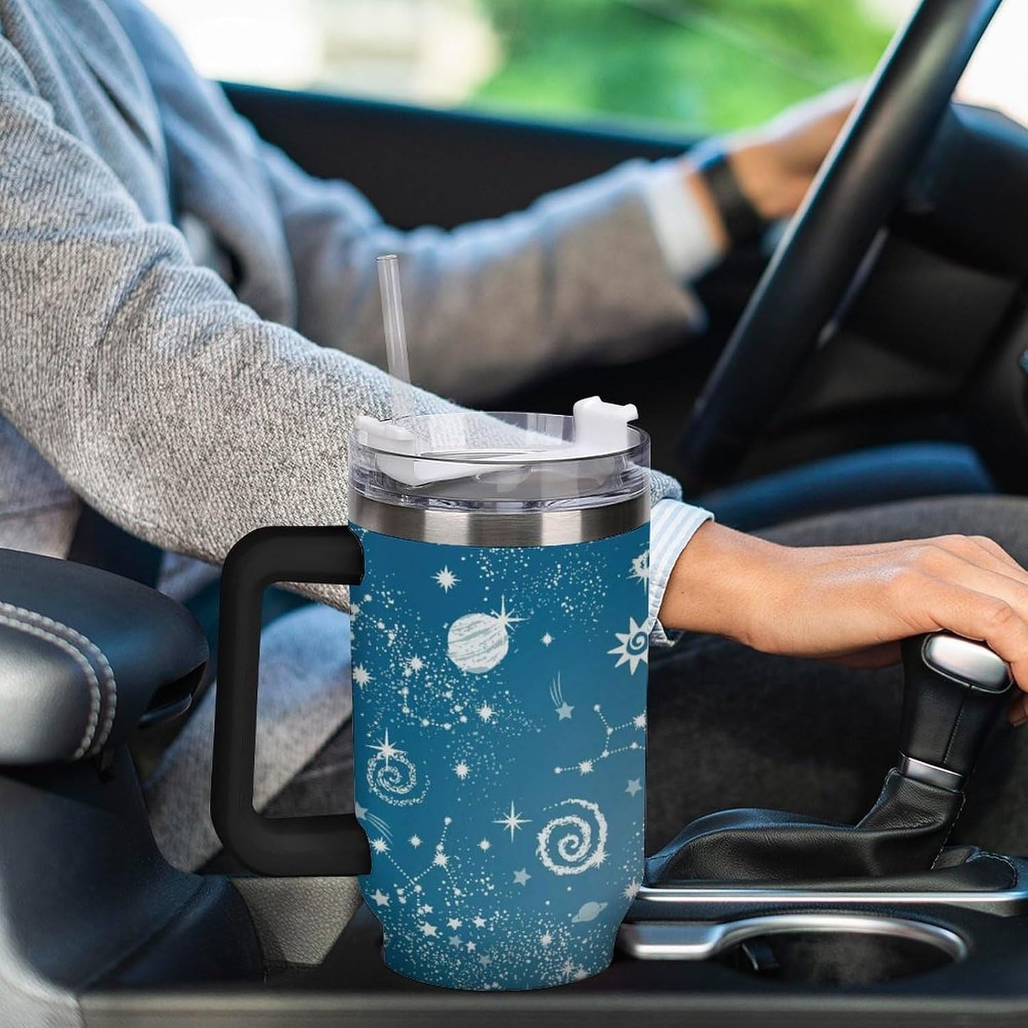 Space Constellation 304 Stainless Steel Double Wall Insulated Tumbler with Leakproof Slide Lid and Straw Large Capacity Travel Mug Black-Space Constellation
