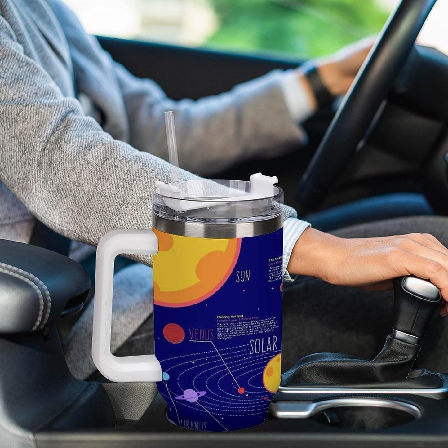 Space Constellation 304 Stainless Steel Double Wall Insulated Tumbler with Leakproof Slide Lid and Straw Large Capacity Travel Mug Black-Space Constellation