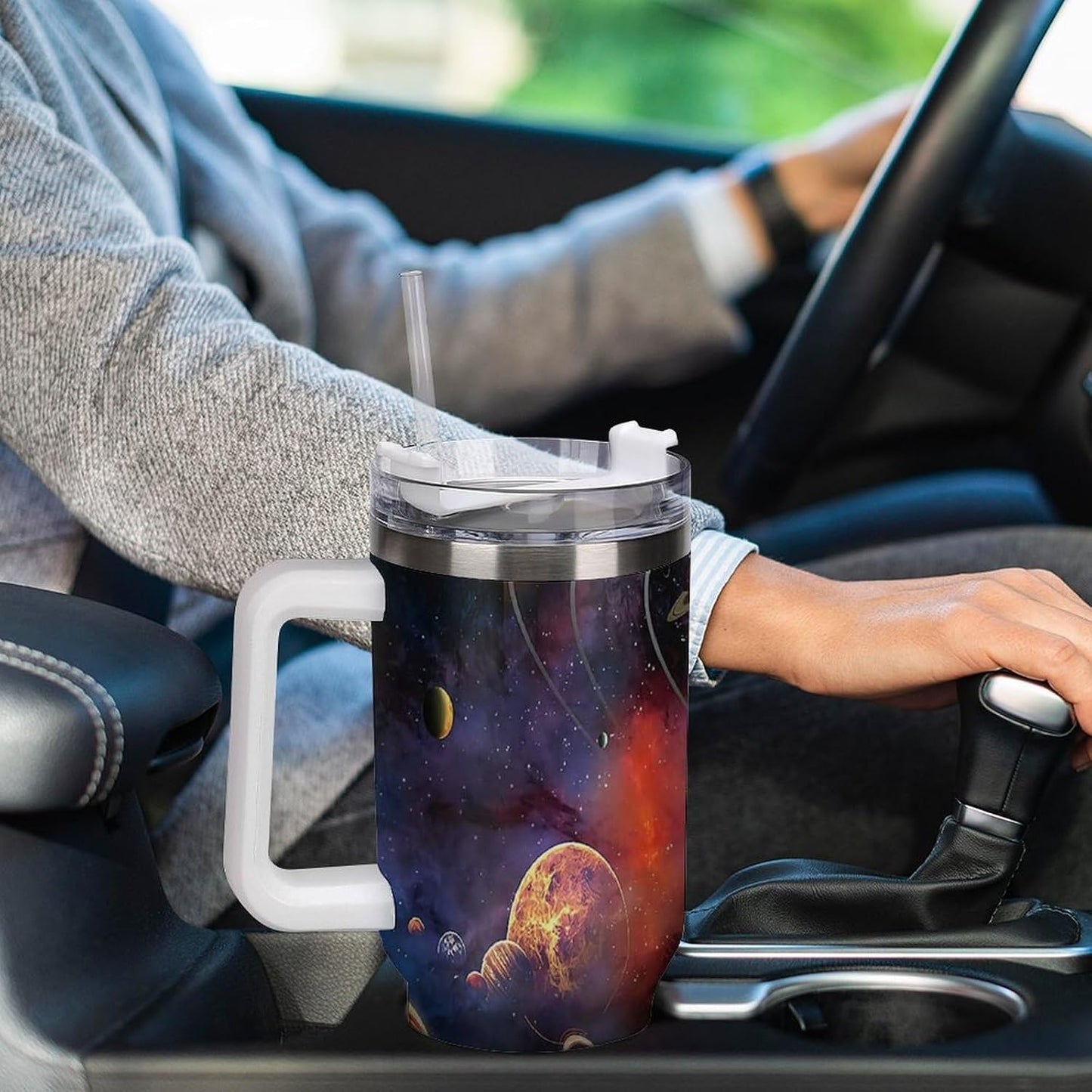 Space Constellation 304 Stainless Steel Double Wall Insulated Tumbler with Leakproof Slide Lid and Straw Large Capacity Travel Mug Black-Space Constellation