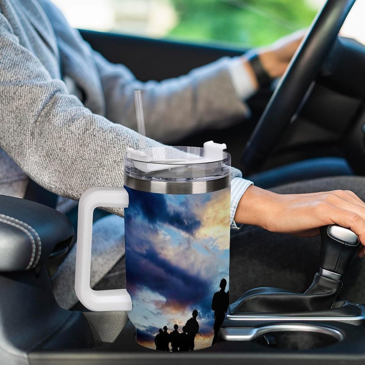 Space Constellation 304 Stainless Steel Double Wall Insulated Tumbler with Leakproof Slide Lid and Straw Large Capacity Travel Mug Black-Space Constellation