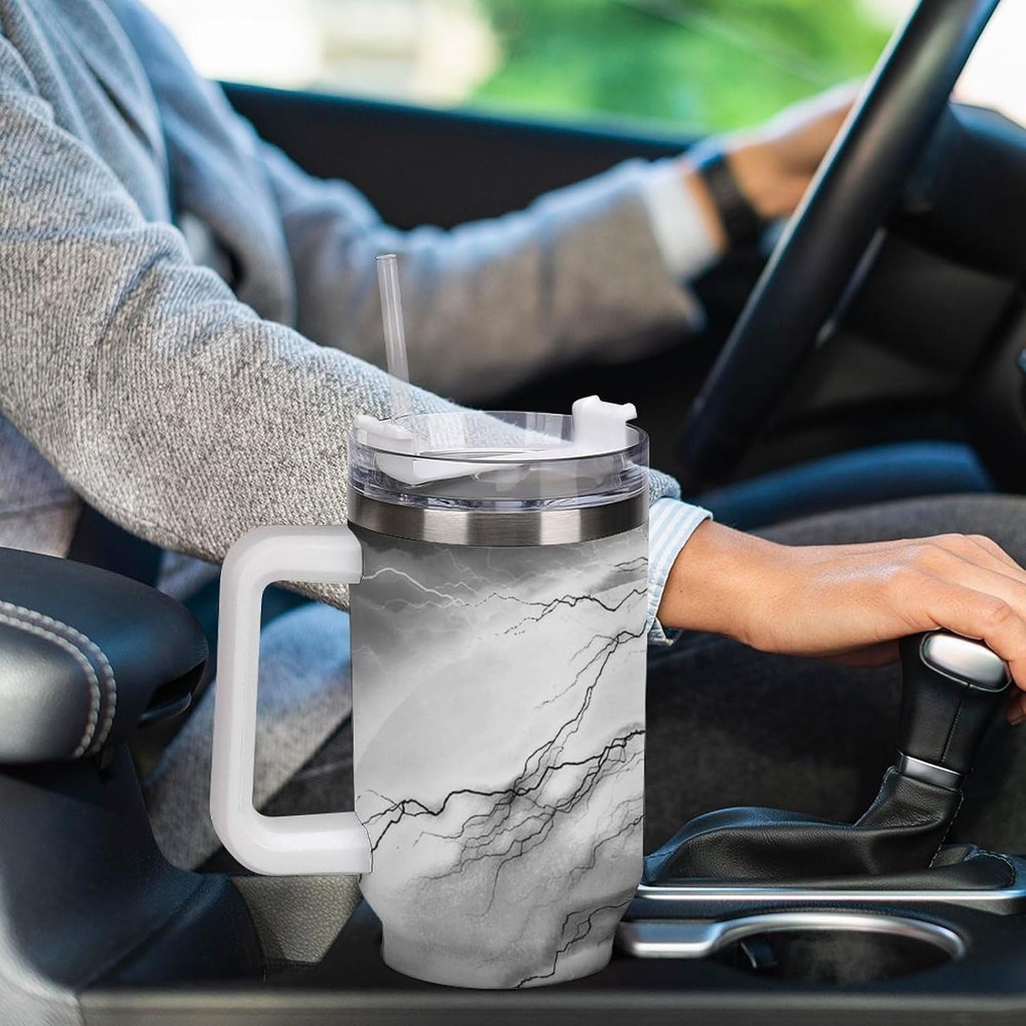 Space Constellation 304 Stainless Steel Double Wall Insulated Tumbler with Leakproof Slide Lid and Straw Large Capacity Travel Mug Black-Space Constellation